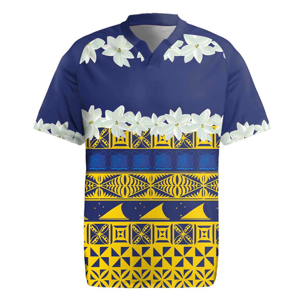 Tokelau Language Week Rugby Jersey Tokelauan Tuluma With Gardenia Thunbergia LT14 Blue - Polynesian Pride