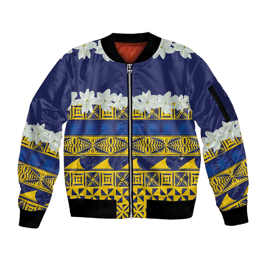 Tokelau Language Week Sleeve Zip Bomber Jacket Tokelauan Tuluma With Gardenia Thunbergia