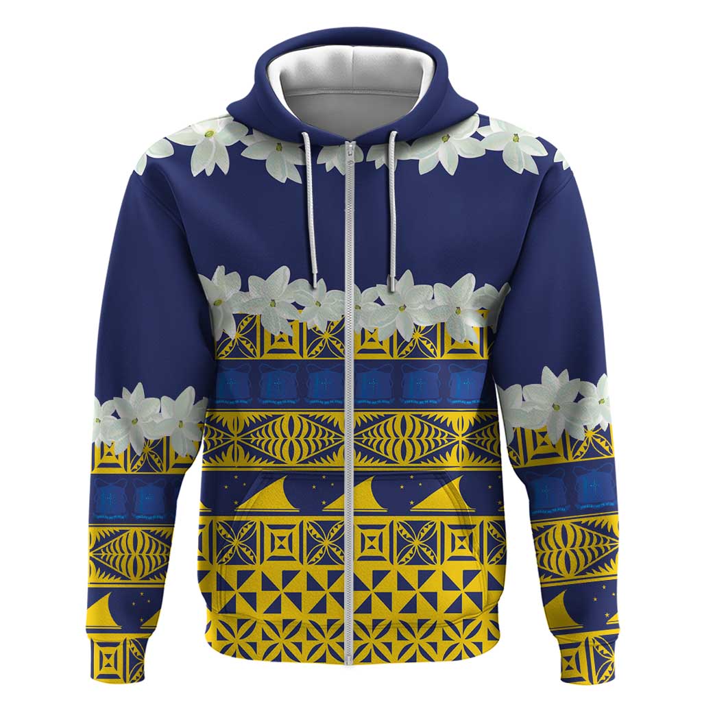 Tokelau Language Week Zip Hoodie Tokelauan Tuluma With Gardenia Thunbergia LT14 Zip Hoodie Blue - Polynesian Pride