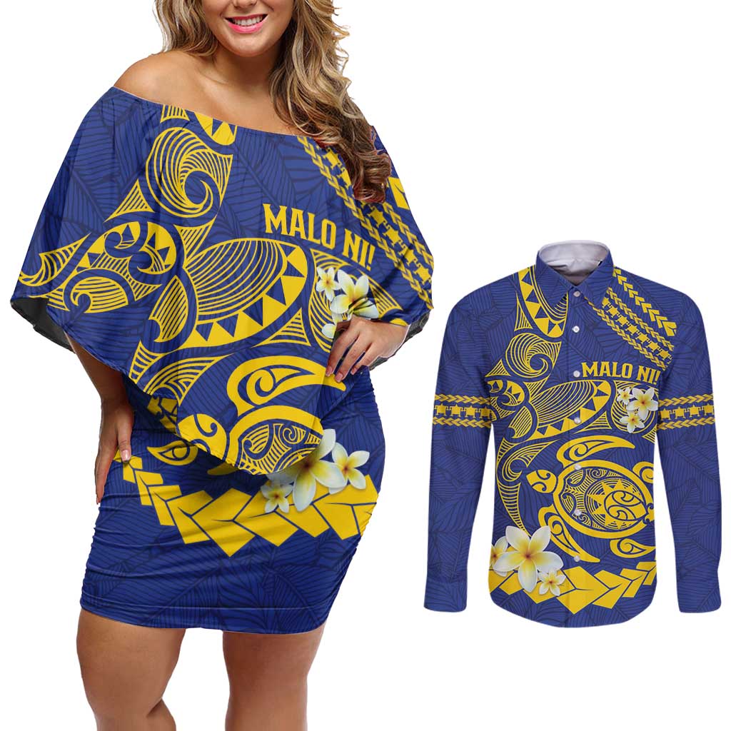 Te Vaiaho o te Gagana Tokelau Couples Matching Off Shoulder Short Dress and Long Sleeve Button Shirt Polynesian Turtle - Malo Ni!