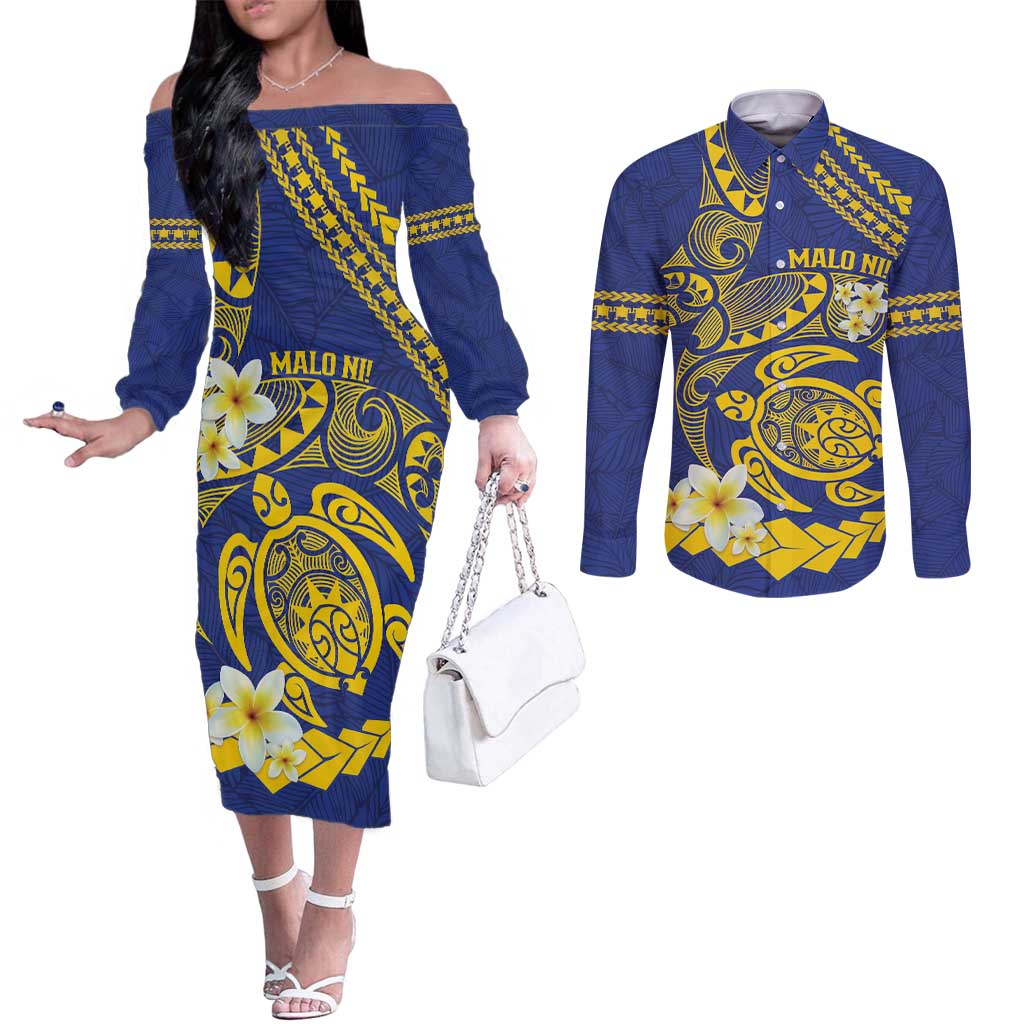 Te Vaiaho o te Gagana Tokelau Couples Matching Off The Shoulder Long Sleeve Dress and Long Sleeve Button Shirt Polynesian Turtle - Malo Ni!