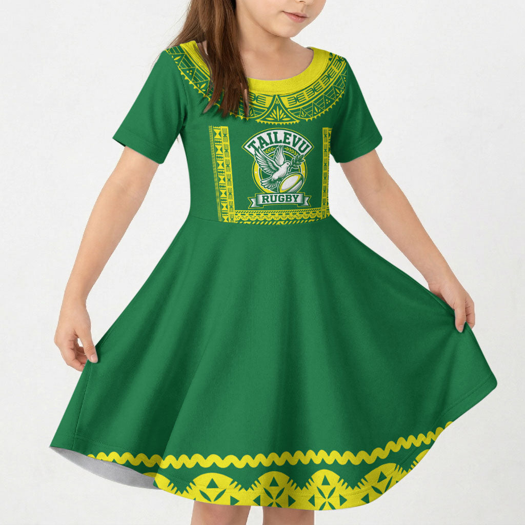 Fiji Tailevu Rugby Custom Kid Short Sleeve Dress Go Champions Fijian Tapa Pattern LT14 KID Green - Polynesian Pride