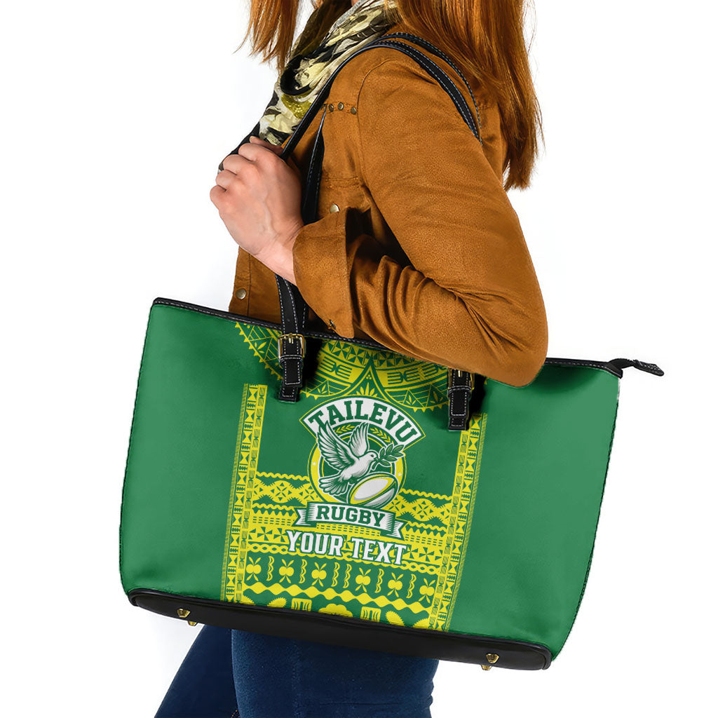 Fiji Tailevu Rugby Custom Leather Tote Bag Go Champions Fijian Tapa Pattern LT14 Green - Polynesian Pride