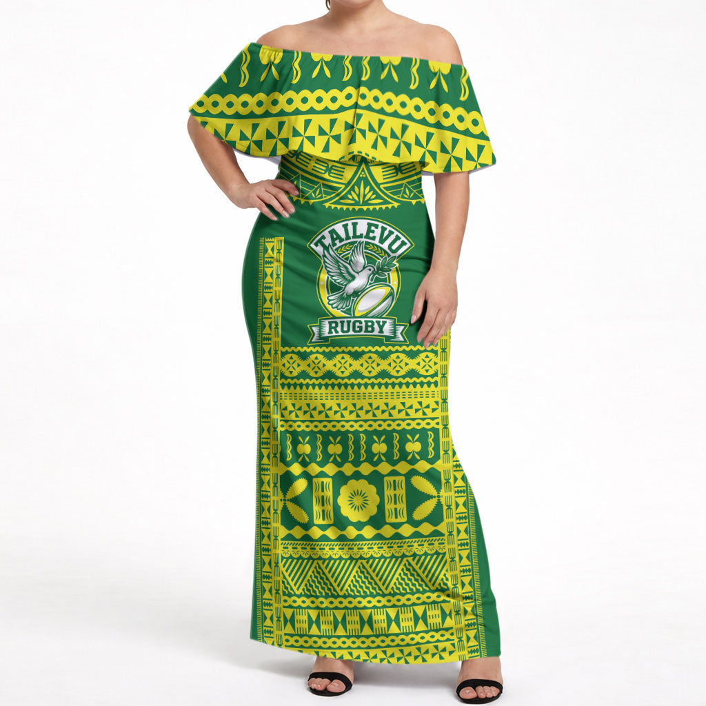 Fiji Tailevu Rugby Custom Off Shoulder Maxi Dress Go Champions Fijian Tapa Pattern LT14 Women Green - Polynesian Pride