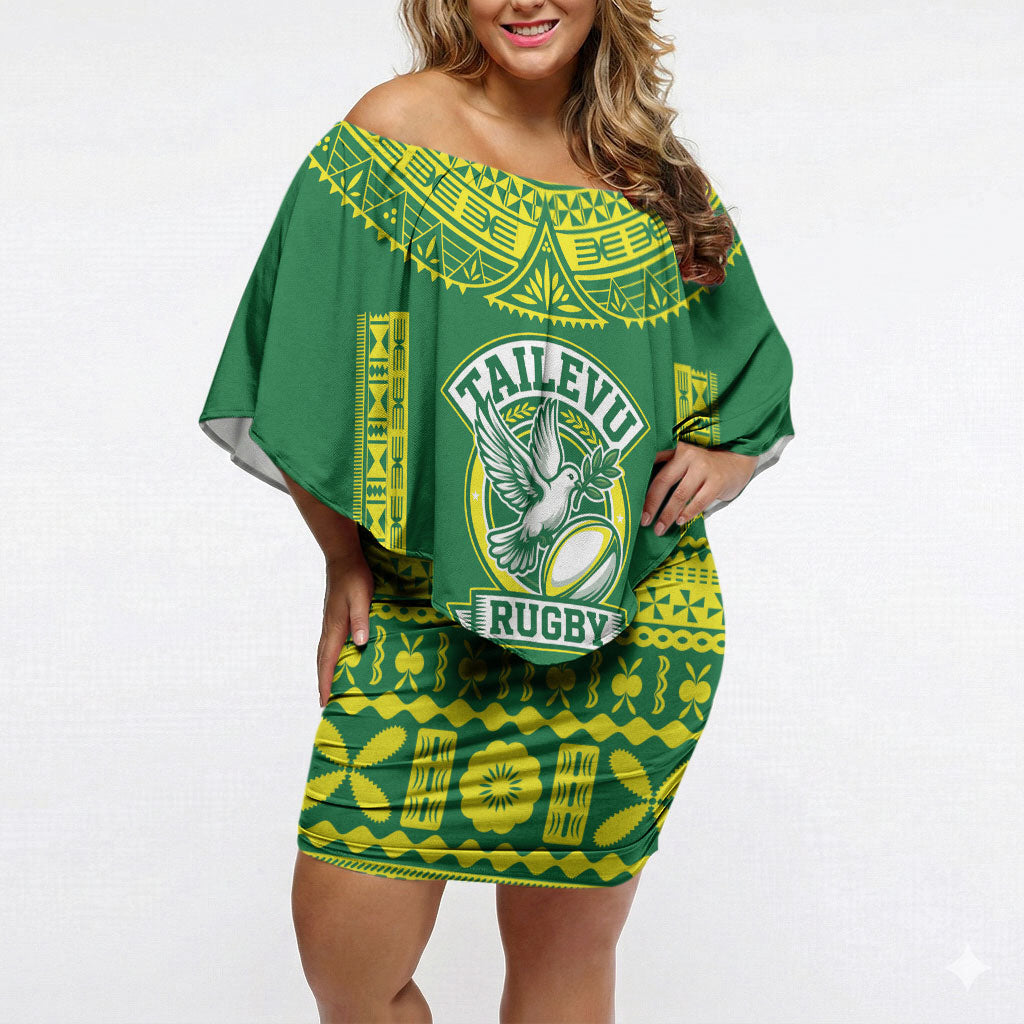 Fiji Tailevu Rugby Custom Off Shoulder Short Dress Go Champions Fijian Tapa Pattern LT14 Women Green - Polynesian Pride