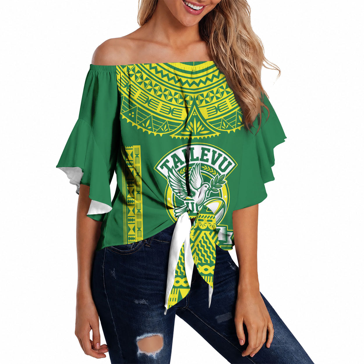 Fiji Tailevu Rugby Custom Off Shoulder Wrap Waist Top Go Champions Fijian Tapa Pattern LT14 Green - Polynesian Pride