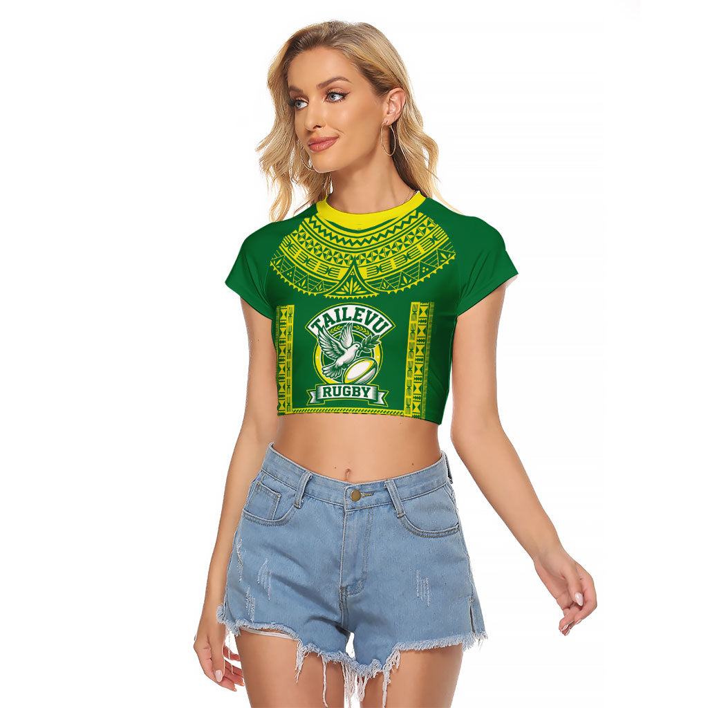 Fiji Tailevu Rugby Custom Raglan Cropped T Shirt Go Champions Fijian Tapa Pattern LT14 Female Green - Polynesian Pride