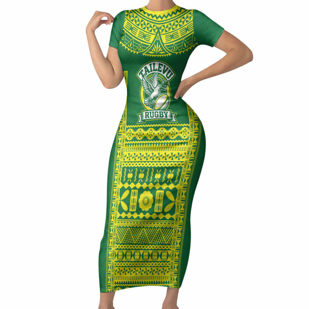 Fiji Tailevu Rugby Custom Short Sleeve Bodycon Dress Go Champions Fijian Tapa Pattern LT14 Long Dress Green - Polynesian Pride