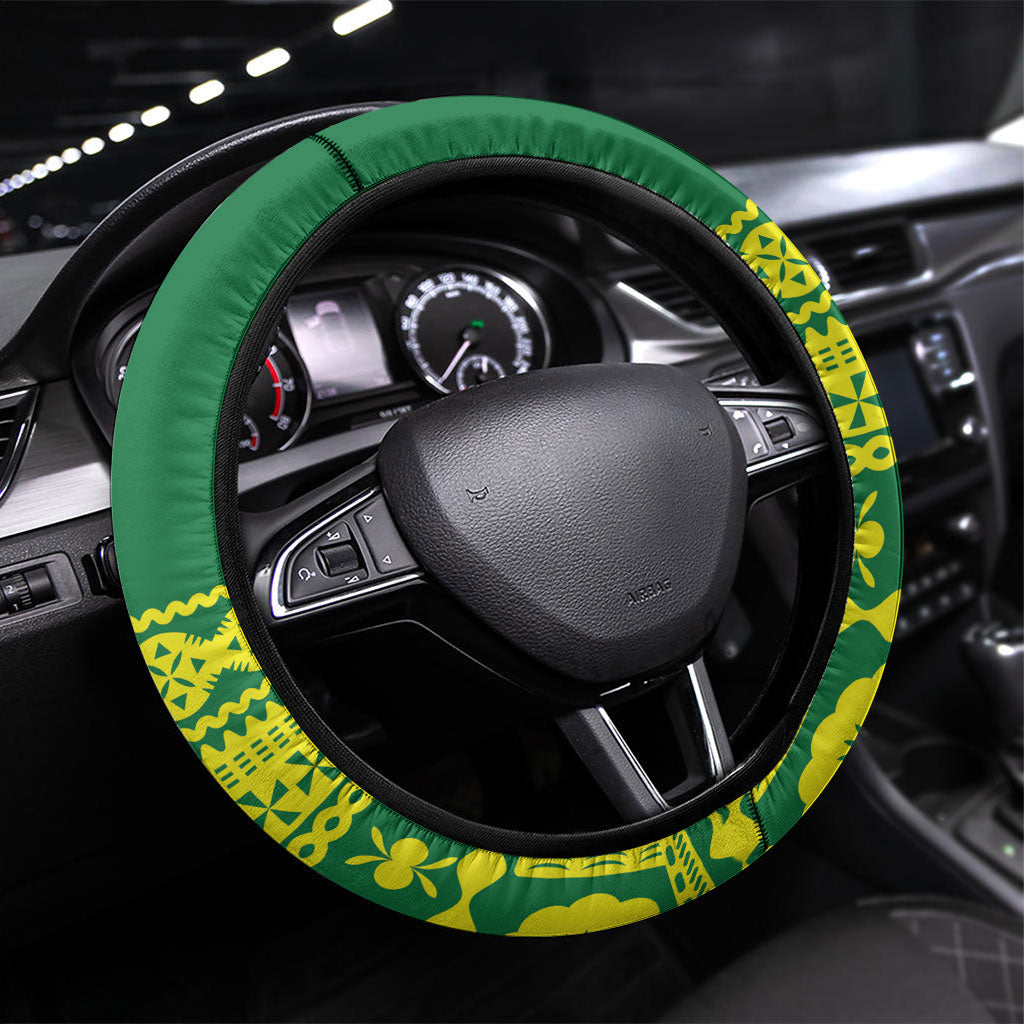 Fiji Tailevu Rugby Steering Wheel Cover Go Champions Fijian Tapa Pattern LT14 Universal Fit Green - Polynesian Pride