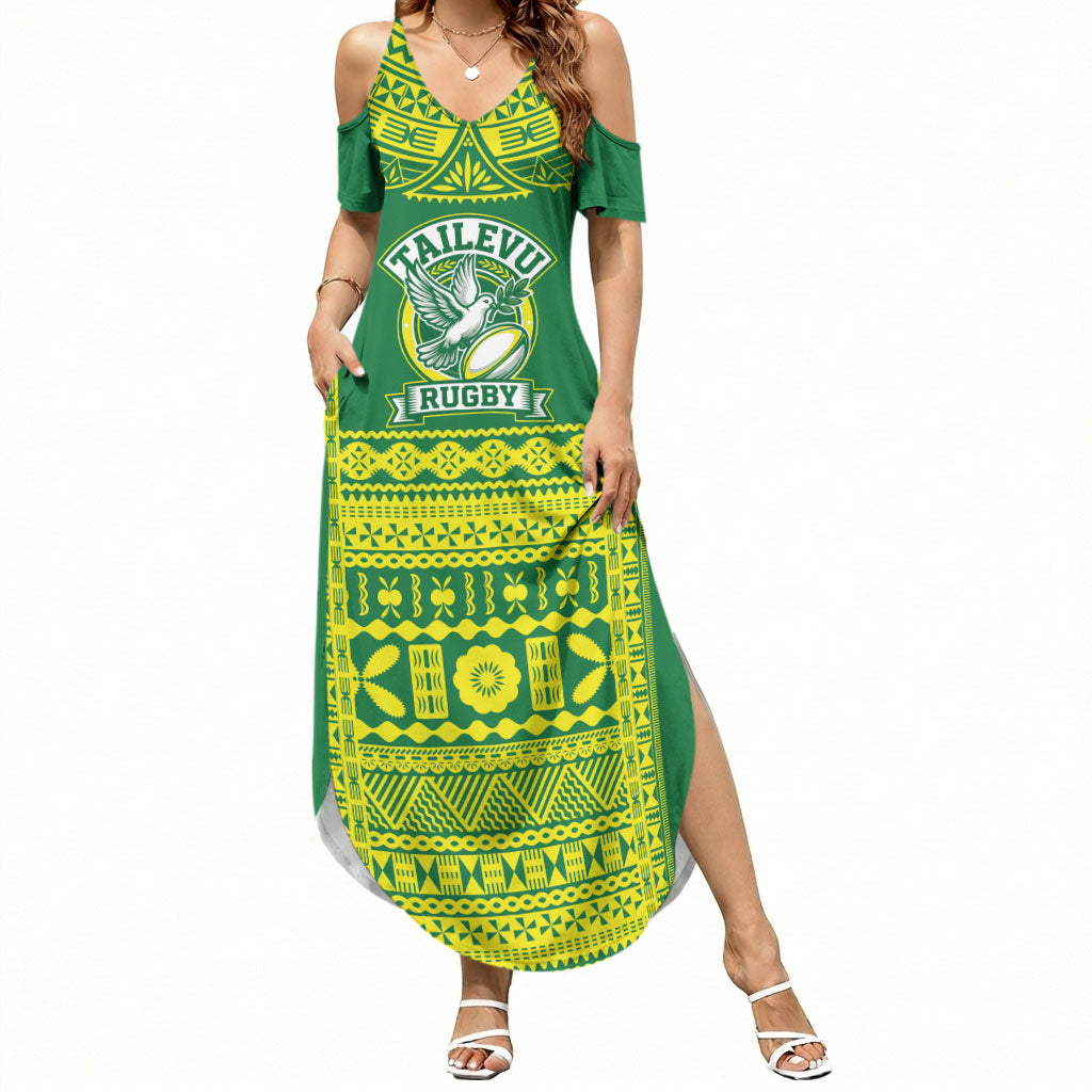 Fiji Tailevu Rugby Custom Summer Maxi Dress Go Champions Fijian Tapa Pattern LT14 Women Green - Polynesian Pride