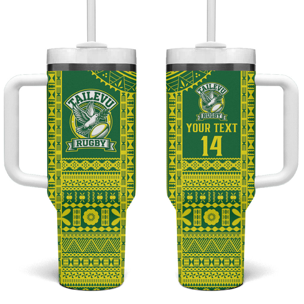 Fiji Tailevu Rugby Custom Tumbler With Handle Go Champions Fijian Tapa Pattern LT14 One Size: 40 oz Green - Polynesian Pride