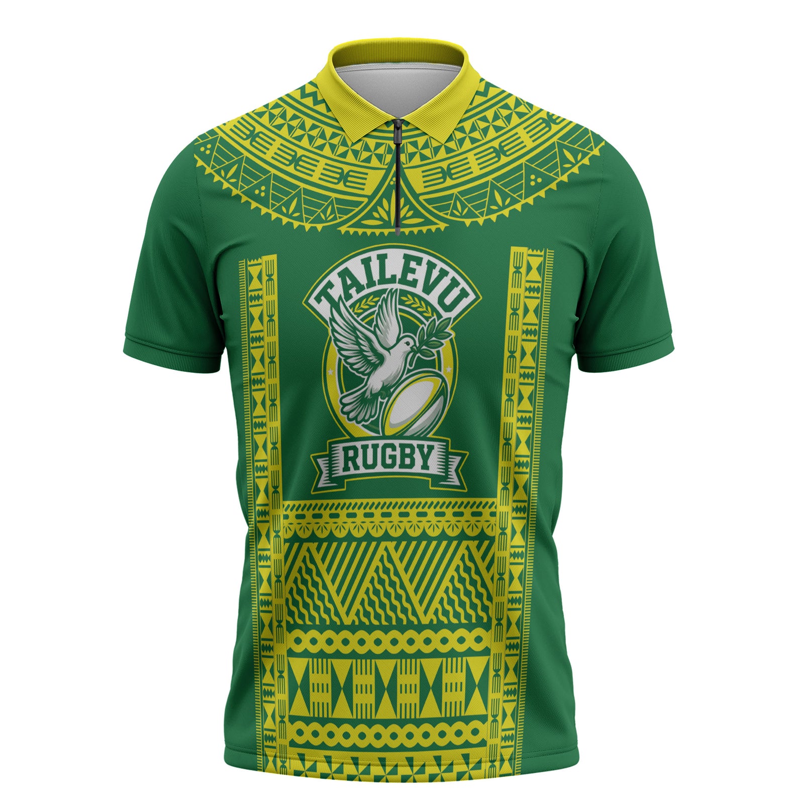 Fiji Tailevu Rugby Custom Zipper Polo Shirt Go Champions Fijian Tapa Pattern LT14 Green - Polynesian Pride