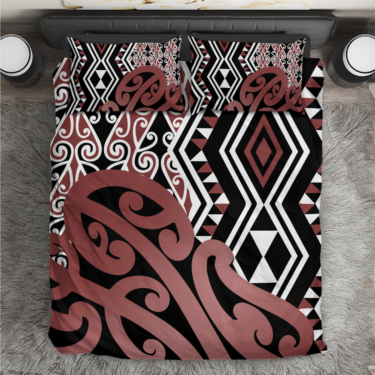 New Zealand Bedding Set Aotearoa Kowhaiwhai Mix Taniko Art LT14 Brown - Polynesian Pride