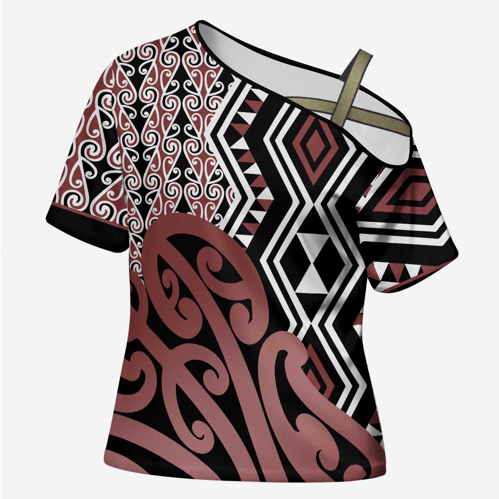 New Zealand Cross Shoulder Shirt Aotearoa Kowhaiwhai Mix Taniko Art LT14 Female Brown - Polynesian Pride