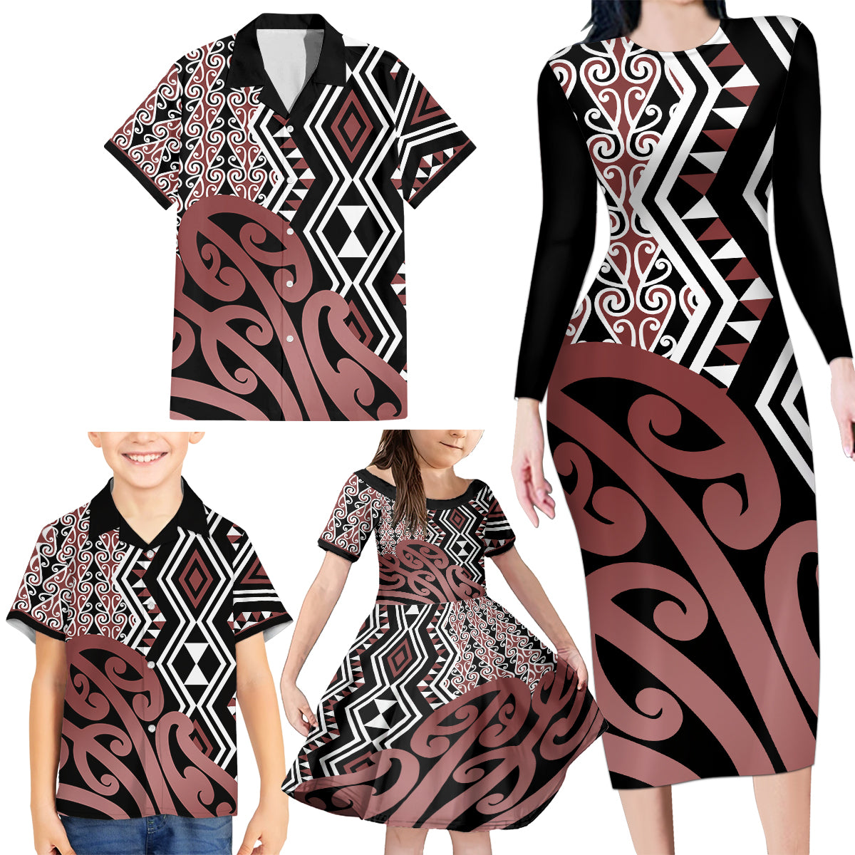 New Zealand Family Matching Long Sleeve Bodycon Dress and Hawaiian Shirt Aotearoa Kowhaiwhai Mix Taniko Art LT14 - Polynesian Pride