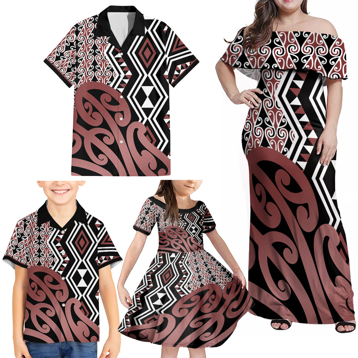 New Zealand Family Matching Off Shoulder Maxi Dress and Hawaiian Shirt Aotearoa Kowhaiwhai Mix Taniko Art LT14 - Polynesian Pride