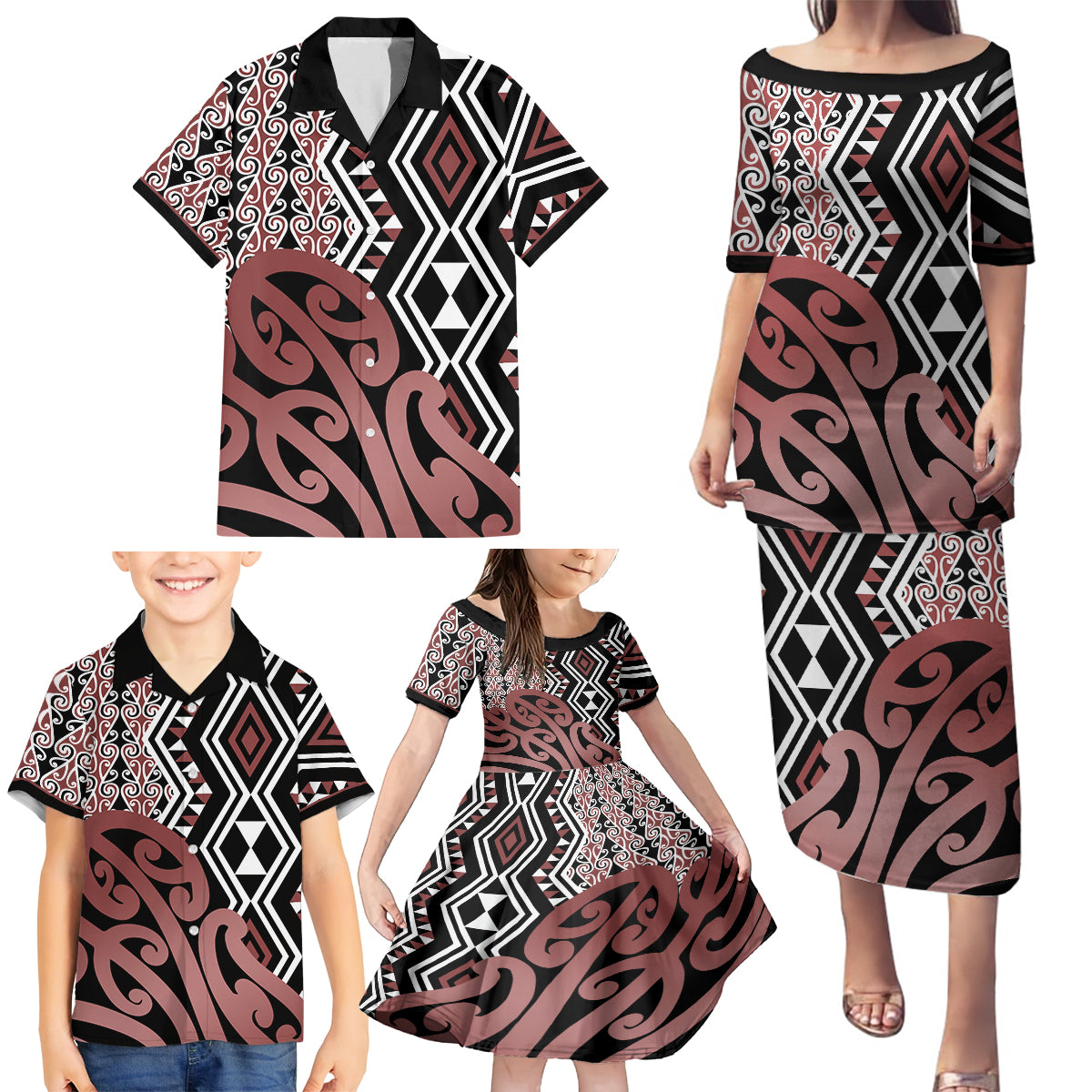 New Zealand Family Matching Puletasi Dress and Hawaiian Shirt Aotearoa Kowhaiwhai Mix Taniko Art LT14 - Polynesian Pride