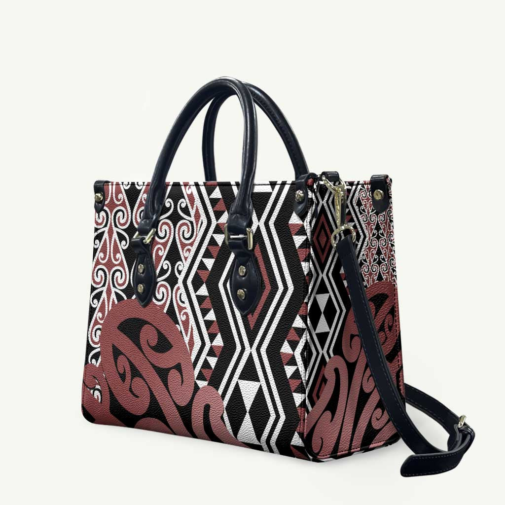 New Zealand Leather Bag Aotearoa Kowhaiwhai Mix Taniko Art LT14 Brown - Polynesian Pride