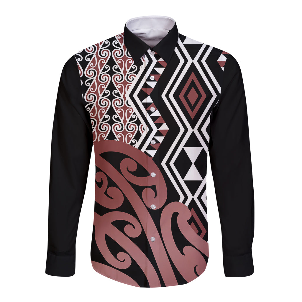 New Zealand Long Sleeve Button Shirt Aotearoa Kowhaiwhai Mix Taniko Art LT14 Unisex Brown - Polynesian Pride