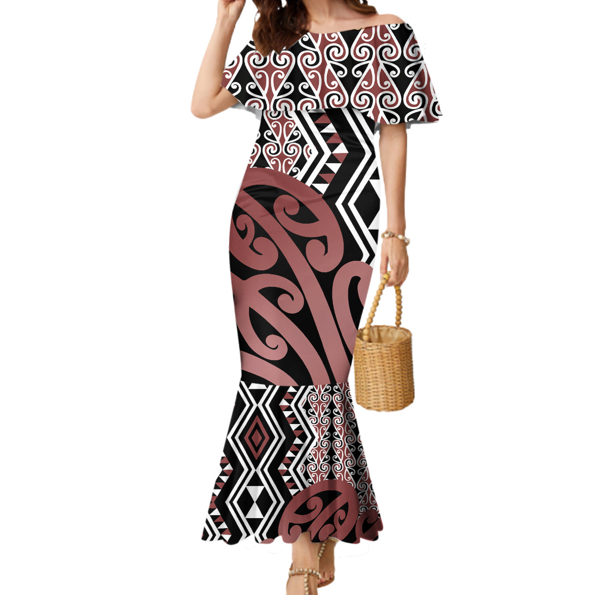 New Zealand Mermaid Dress Aotearoa Kowhaiwhai Mix Taniko Art LT14 Women Brown - Polynesian Pride