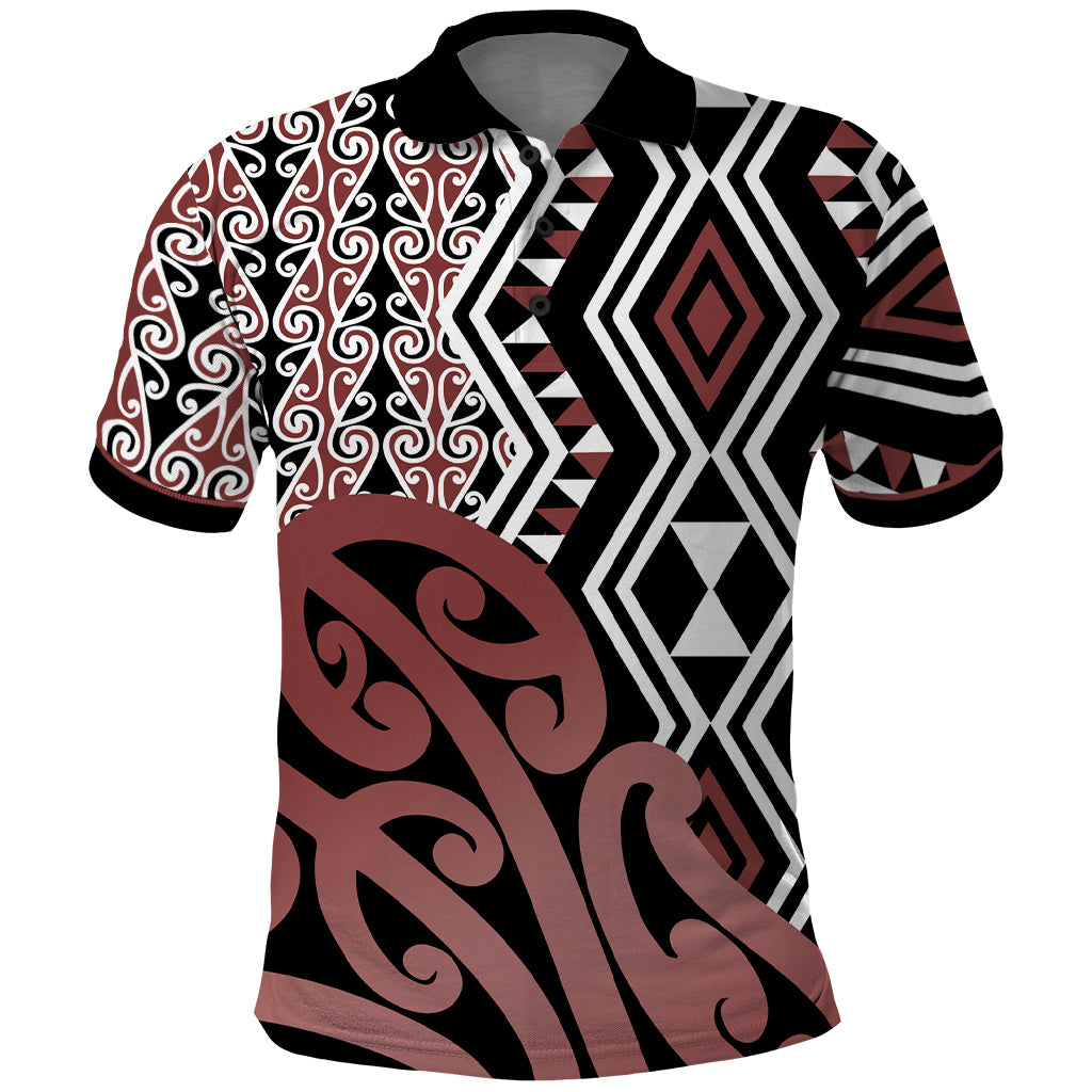 New Zealand Polo Shirt Aotearoa Kowhaiwhai Mix Taniko Art LT14 Brown - Polynesian Pride