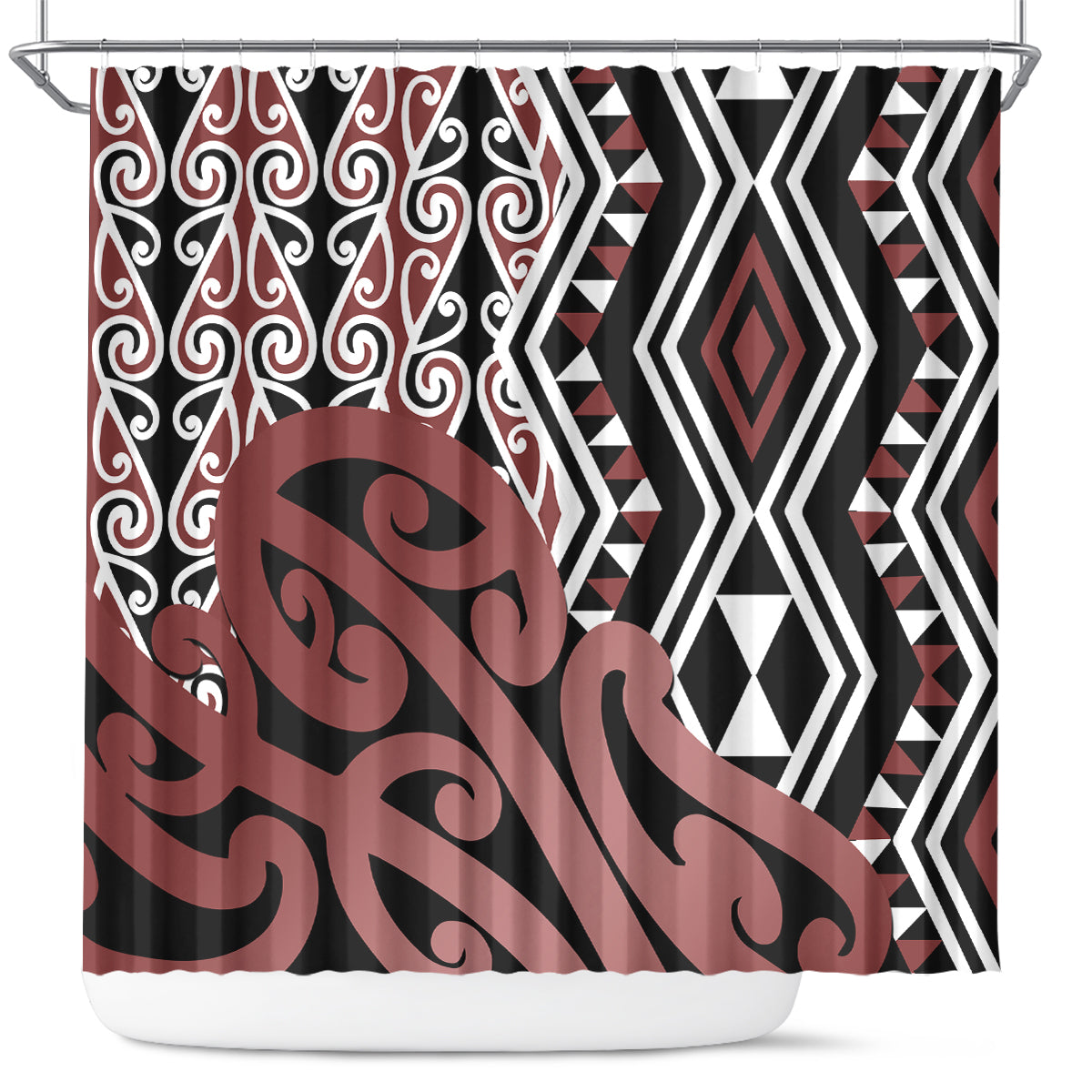 New Zealand Shower Curtain Aotearoa Kowhaiwhai Mix Taniko Art LT14 Brown - Polynesian Pride