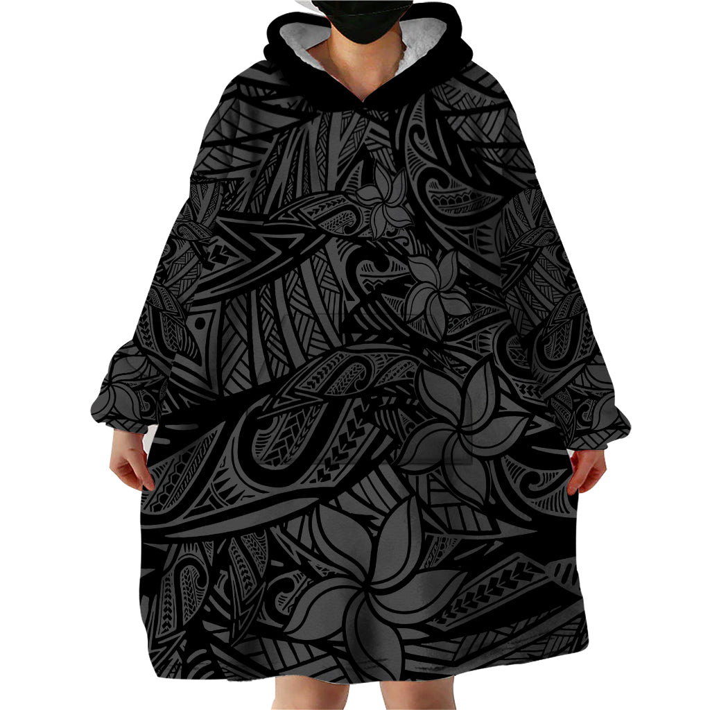 Polynesia Wearable Blanket Hoodie Polynesian Pattern Mix Plumeria Black LT14 - Polynesian Pride