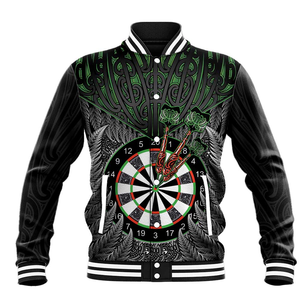 Personalised New Zealand Darts Baseball Jacket Dartboard Maori Fern Puhoro Art LT14 Unisex Black - Polynesian Pride