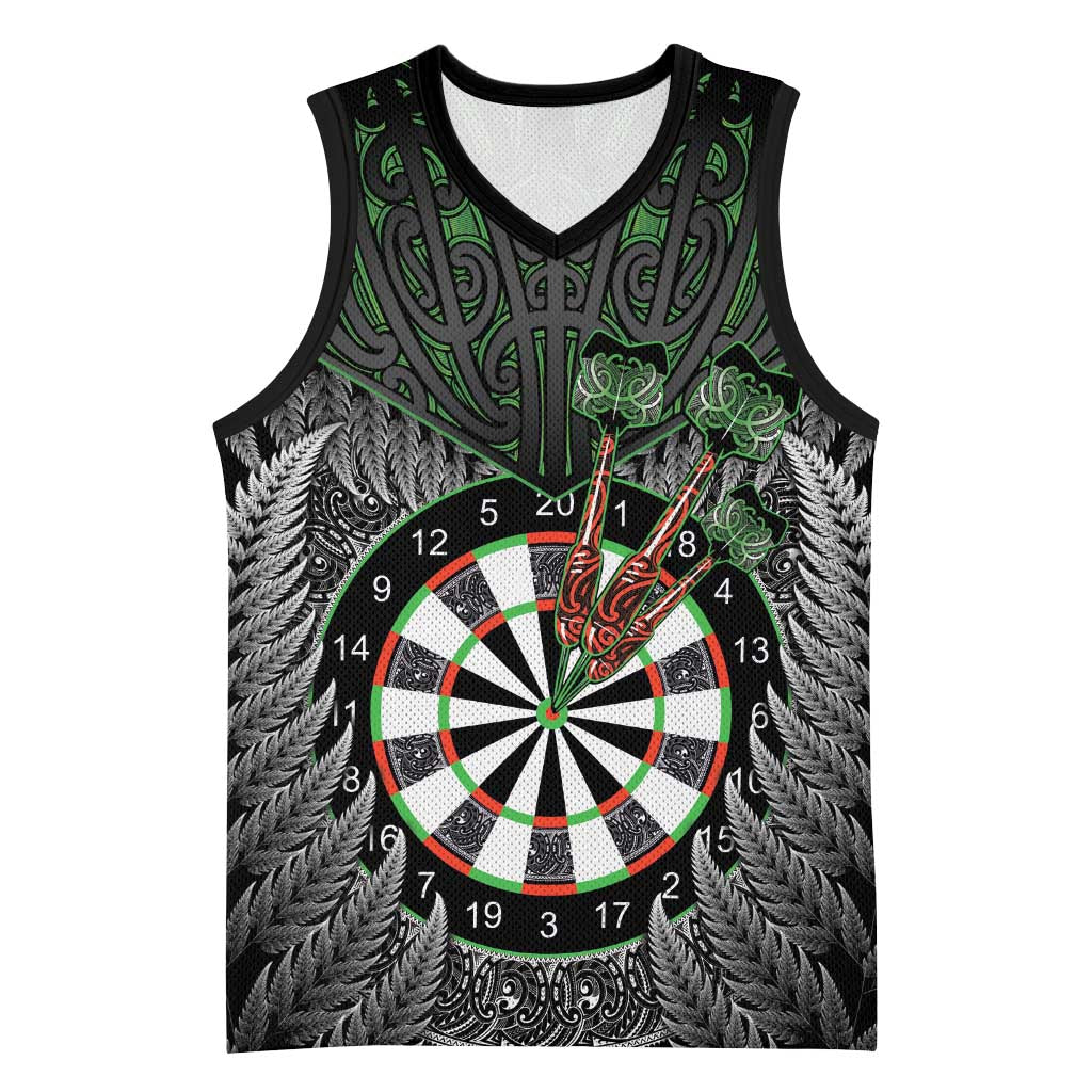 Personalised New Zealand Darts Basketball Jersey Dartboard Maori Fern Puhoro Art LT14 Unisex Black - Polynesian Pride