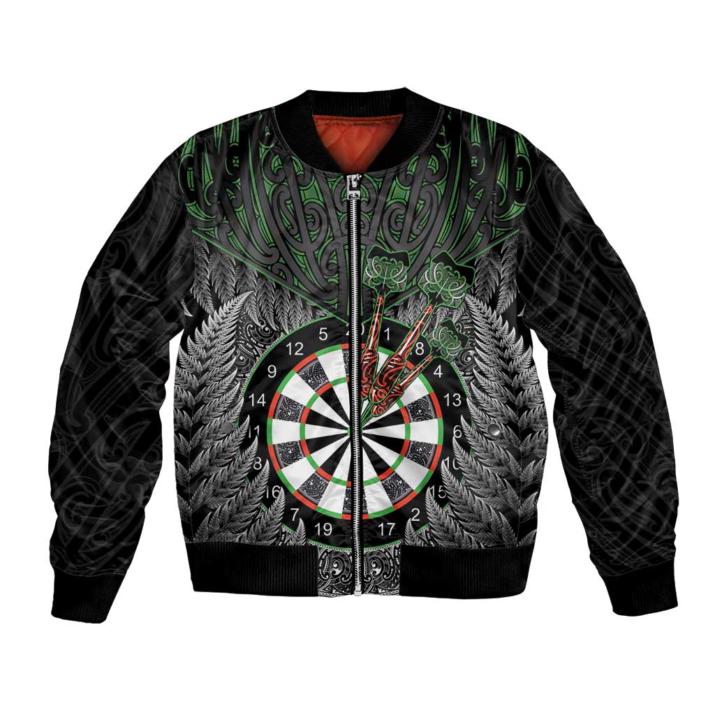 Personalised New Zealand Darts Bomber Jacket Dartboard Maori Fern Puhoro Art LT14 Unisex Black - Polynesian Pride