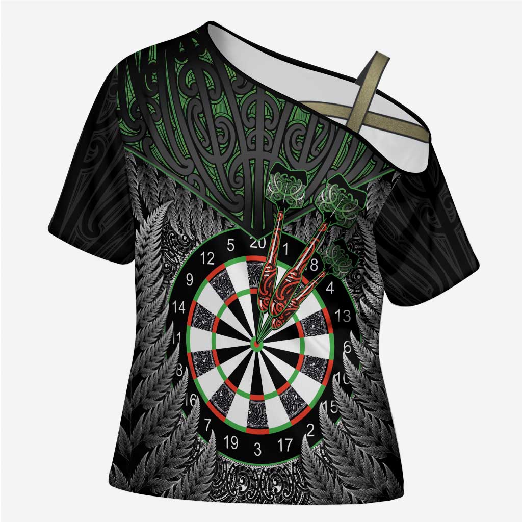 Personalised New Zealand Darts Cross Shoulder Shirt Dartboard Maori Fern Puhoro Art LT14 Female Black - Polynesian Pride