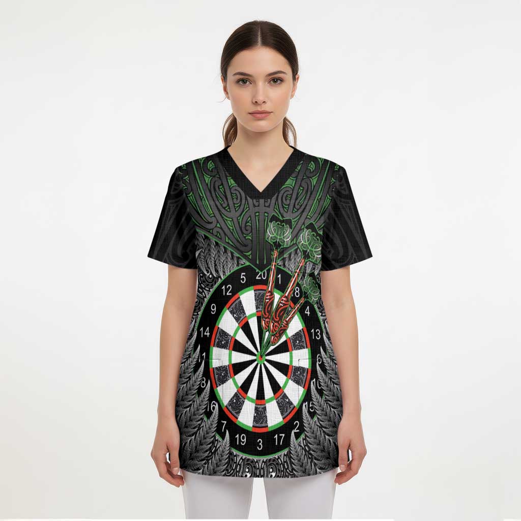 Personalised New Zealand Darts Scrub Top Dartboard Maori Fern Puhoro Art LT14 - Polynesian Pride