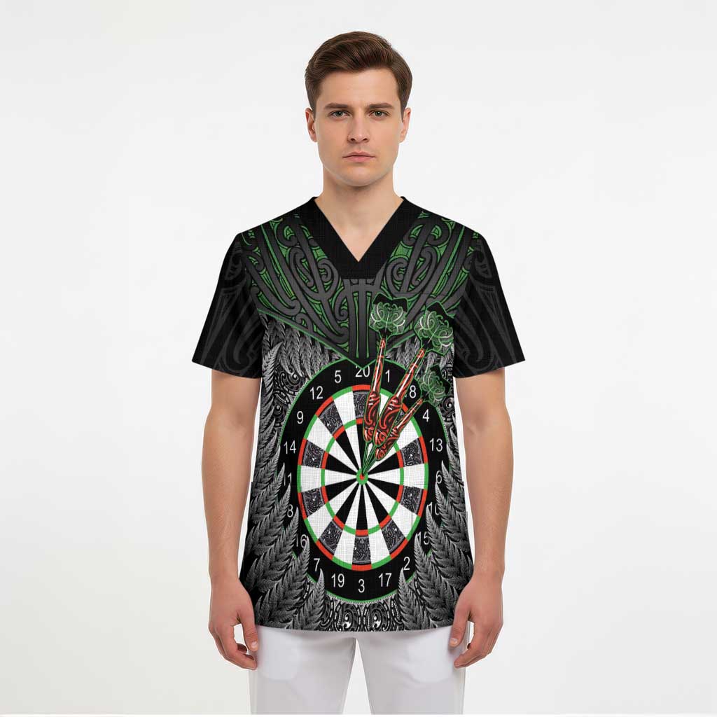 Personalised New Zealand Darts Scrub Top Dartboard Maori Fern Puhoro Art LT14 - Polynesian Pride