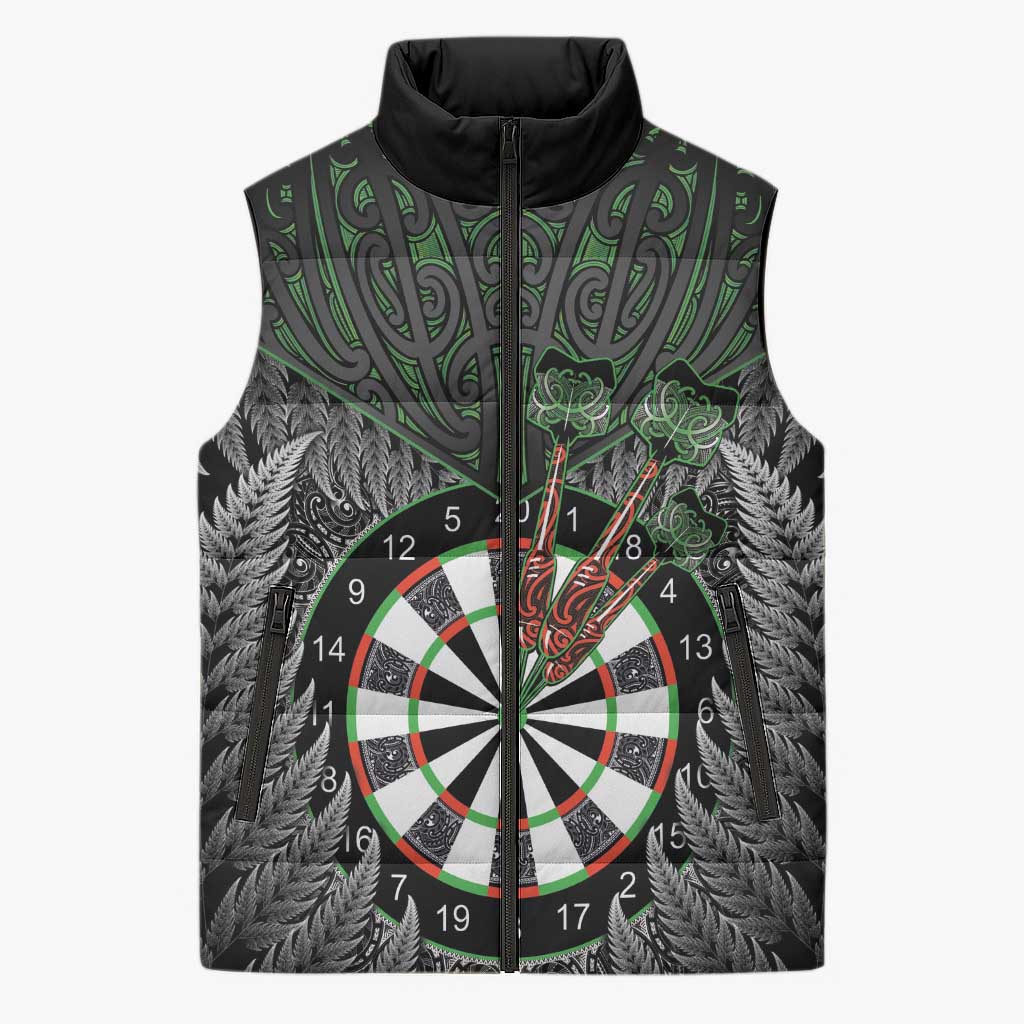 Personalised New Zealand Darts Sleeveless Puffer Jacket Dartboard Maori Fern Puhoro Art LT14 Unisex Black - Polynesian Pride