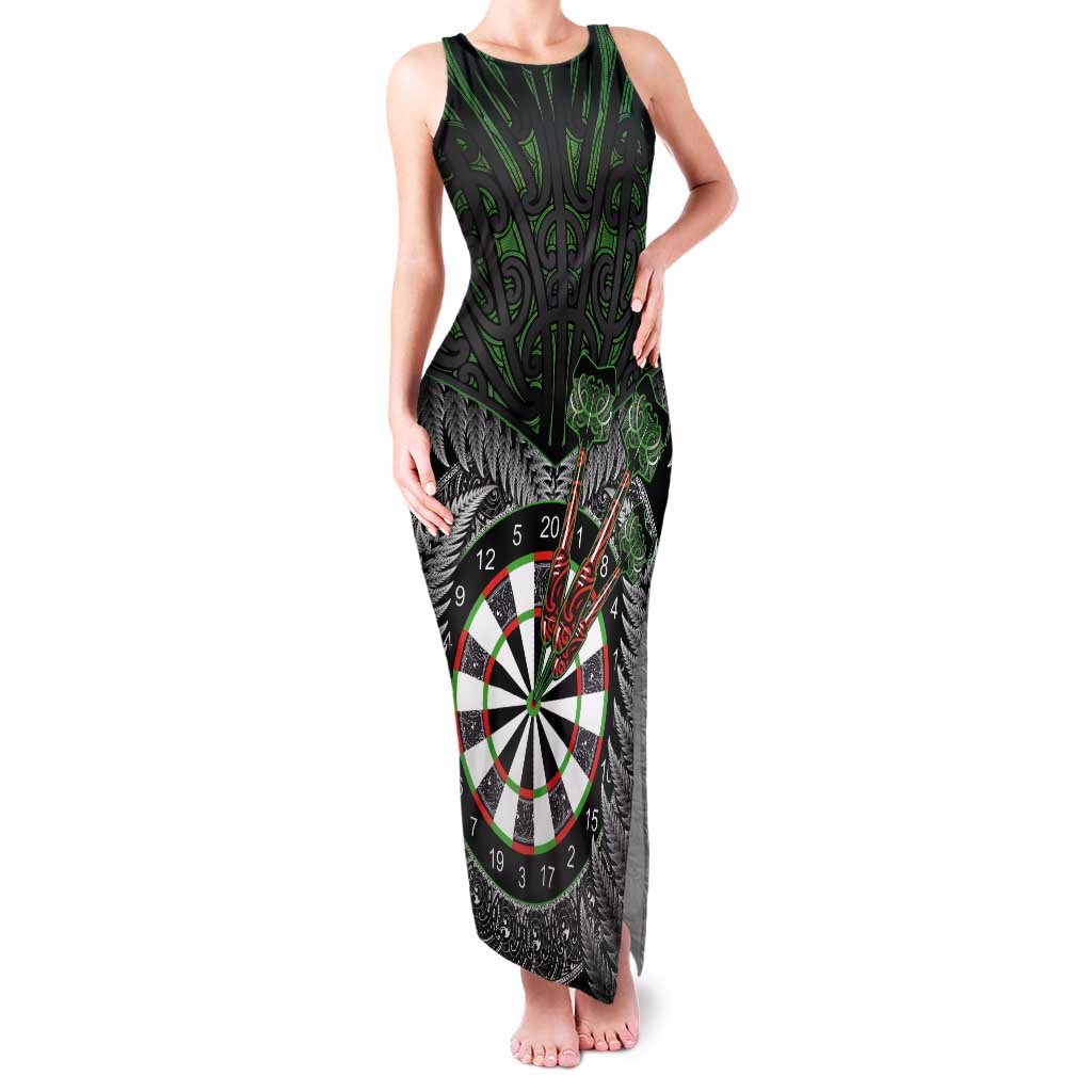 Personalised New Zealand Darts Tank Maxi Dress Dartboard Maori Fern Puhoro Art LT14 Women Black - Polynesian Pride
