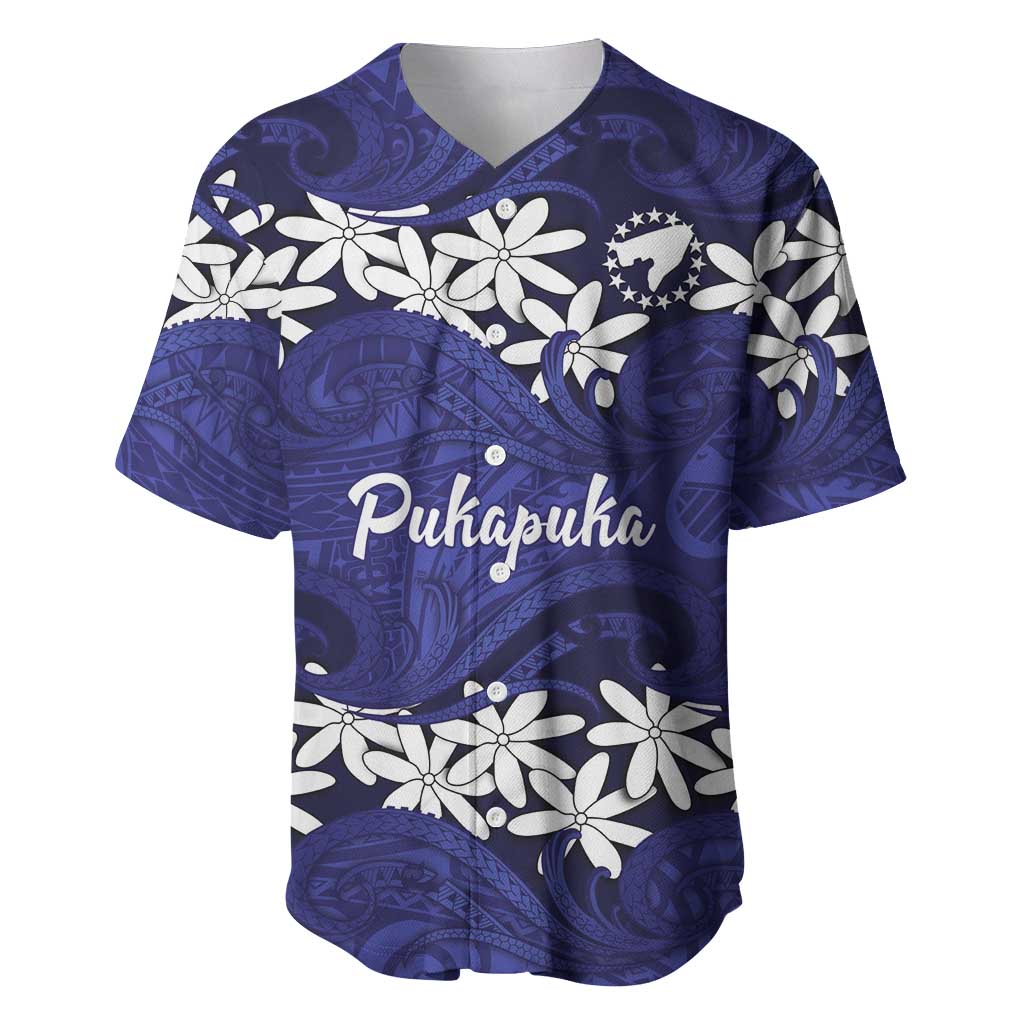Personalised Cook Islands Pukapuka Baseball Jersey Tiare Maori Polynesian Waves Tattoo LT14 Blue - Polynesian Pride