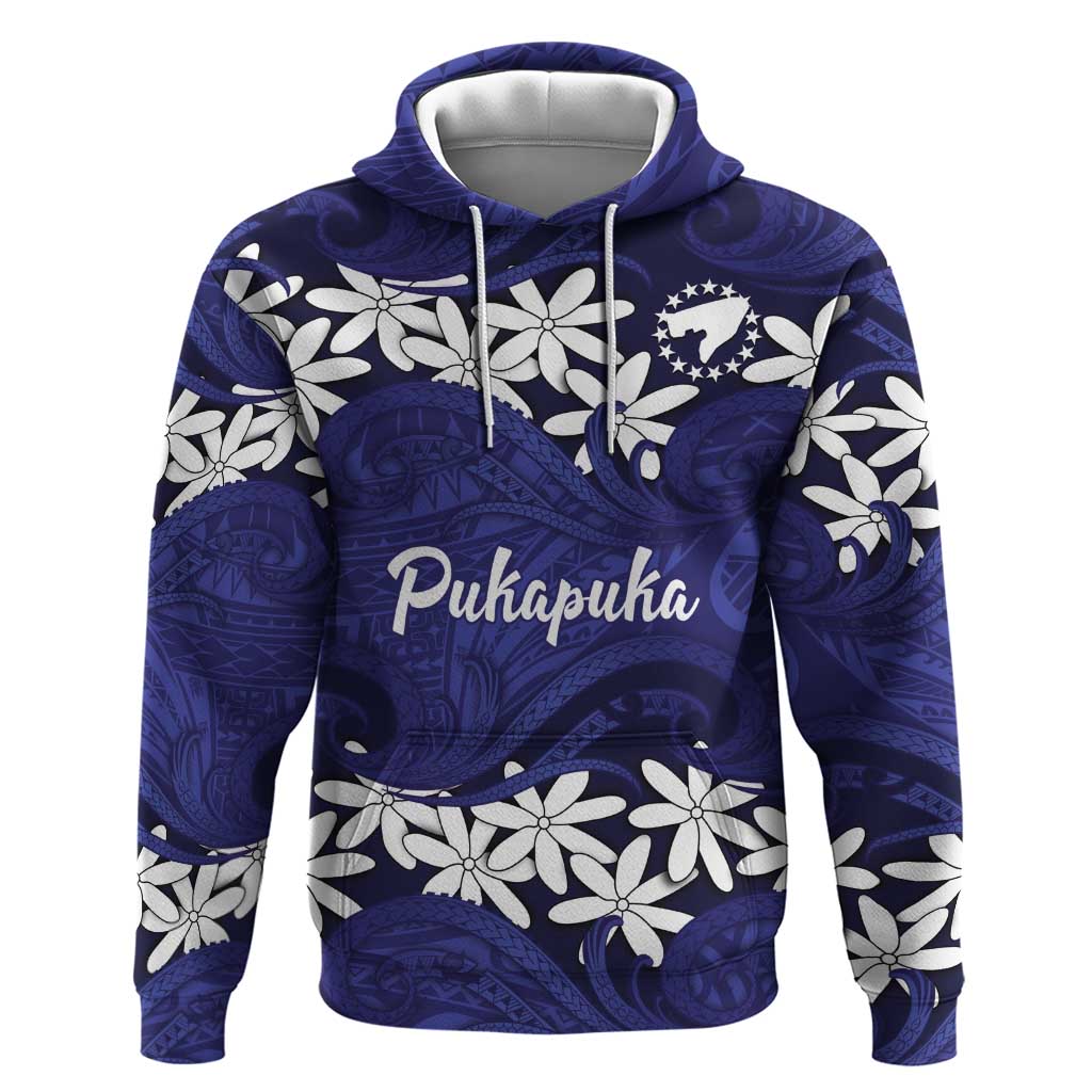 Personalised Cook Islands Pukapuka Hoodie Tiare Maori Polynesian Waves Tattoo LT14 Pullover Hoodie Blue - Polynesian Pride