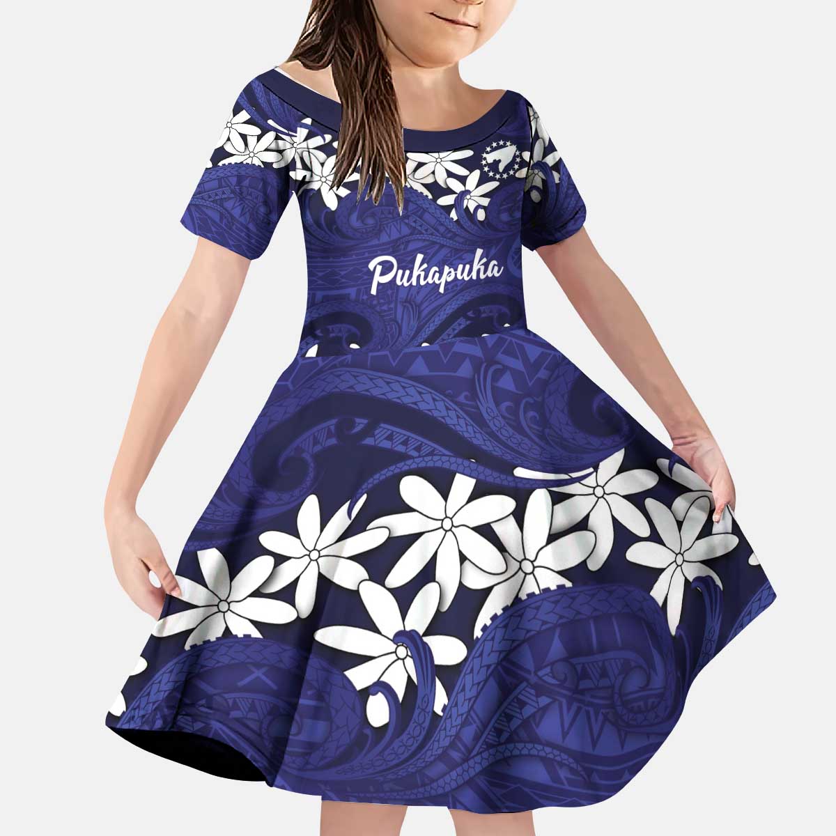 Personalised Cook Islands Pukapuka Kid Short Sleeve Dress Tiare Maori Polynesian Waves Tattoo LT14 KID Blue - Polynesian Pride