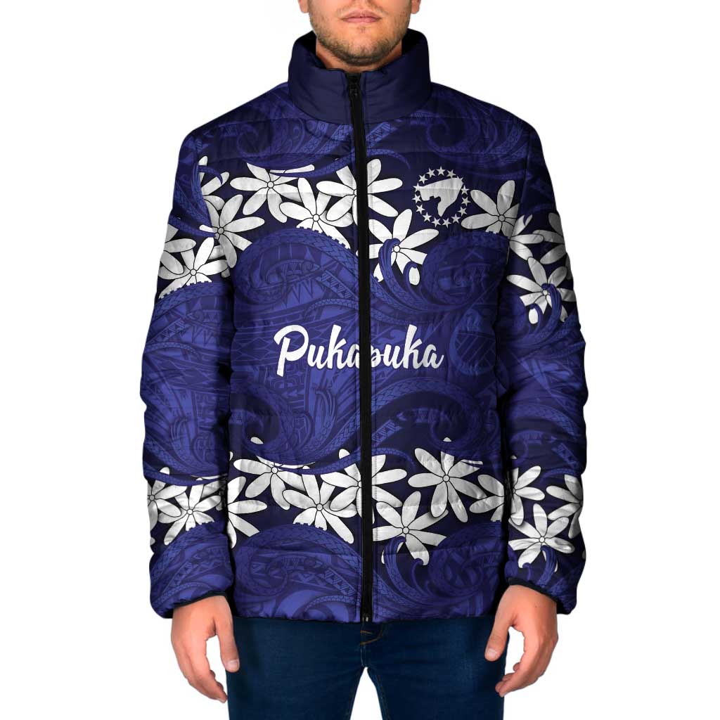 Personalised Cook Islands Pukapuka Padded Jacket Tiare Maori Polynesian Waves Tattoo LT14 Men Blue - Polynesian Pride