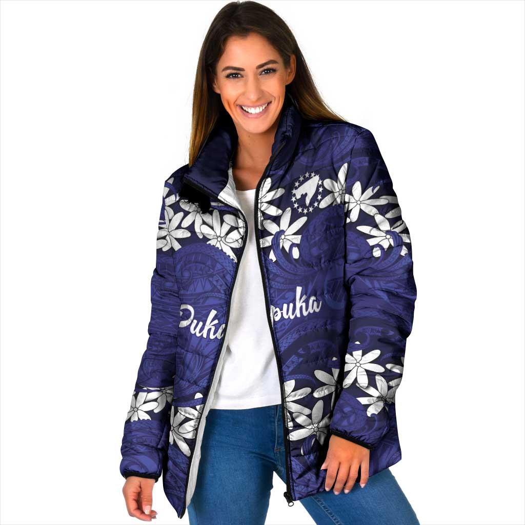 Personalised Cook Islands Pukapuka Padded Jacket Tiare Maori Polynesian Waves Tattoo LT14 Women Blue - Polynesian Pride