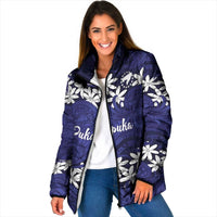Personalised Cook Islands Pukapuka Padded Jacket Tiare Maori Polynesian Waves Tattoo LT14 Women Blue - Polynesian Pride