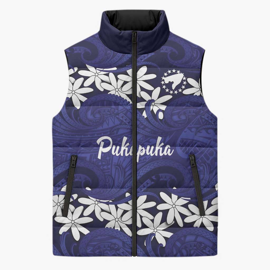 Personalised Cook Islands Pukapuka Sleeveless Puffer Jacket Tiare Maori Polynesian Waves Tattoo LT14 Unisex Blue - Polynesian Pride