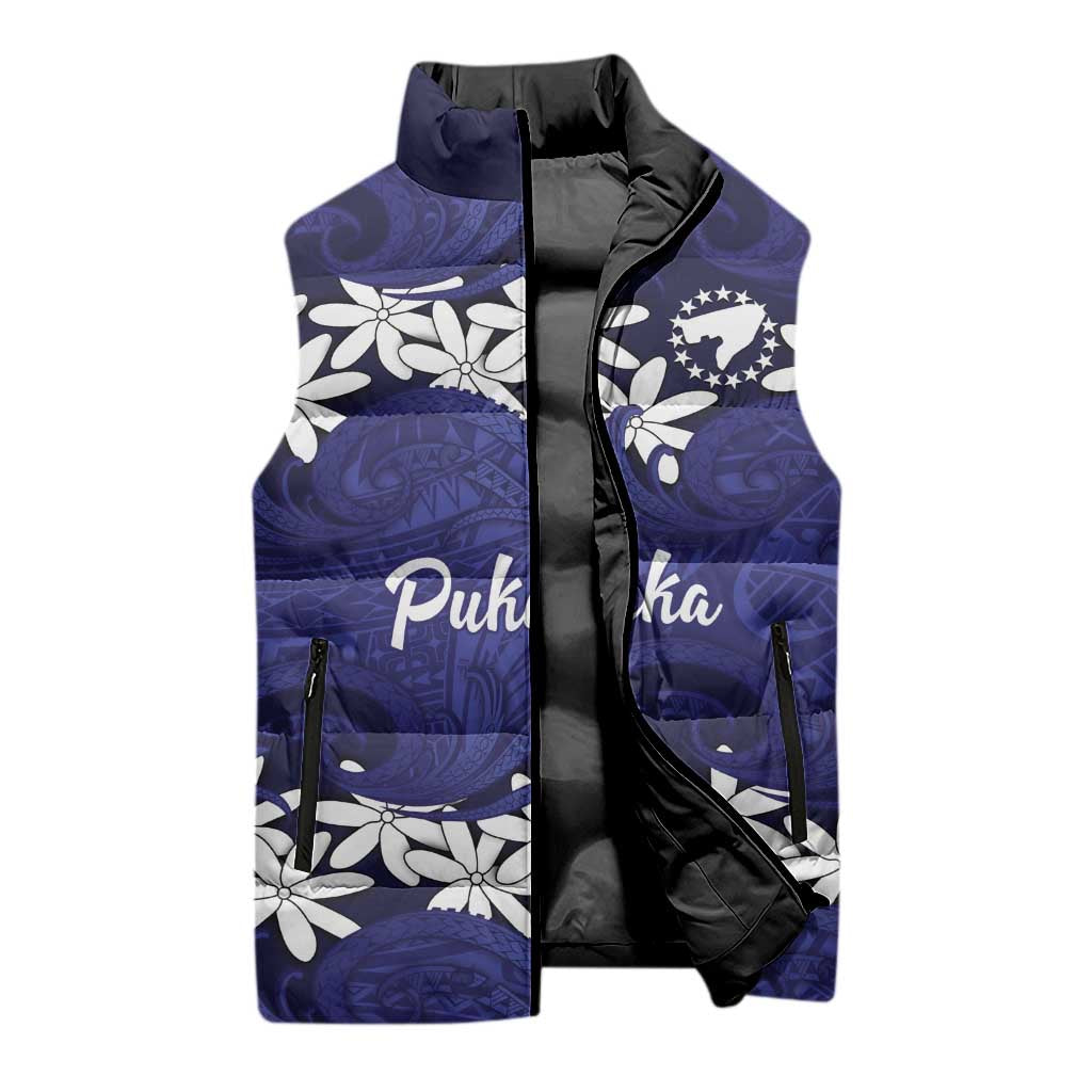 Personalised Cook Islands Pukapuka Sleeveless Puffer Jacket Tiare Maori Polynesian Waves Tattoo LT14 - Polynesian Pride