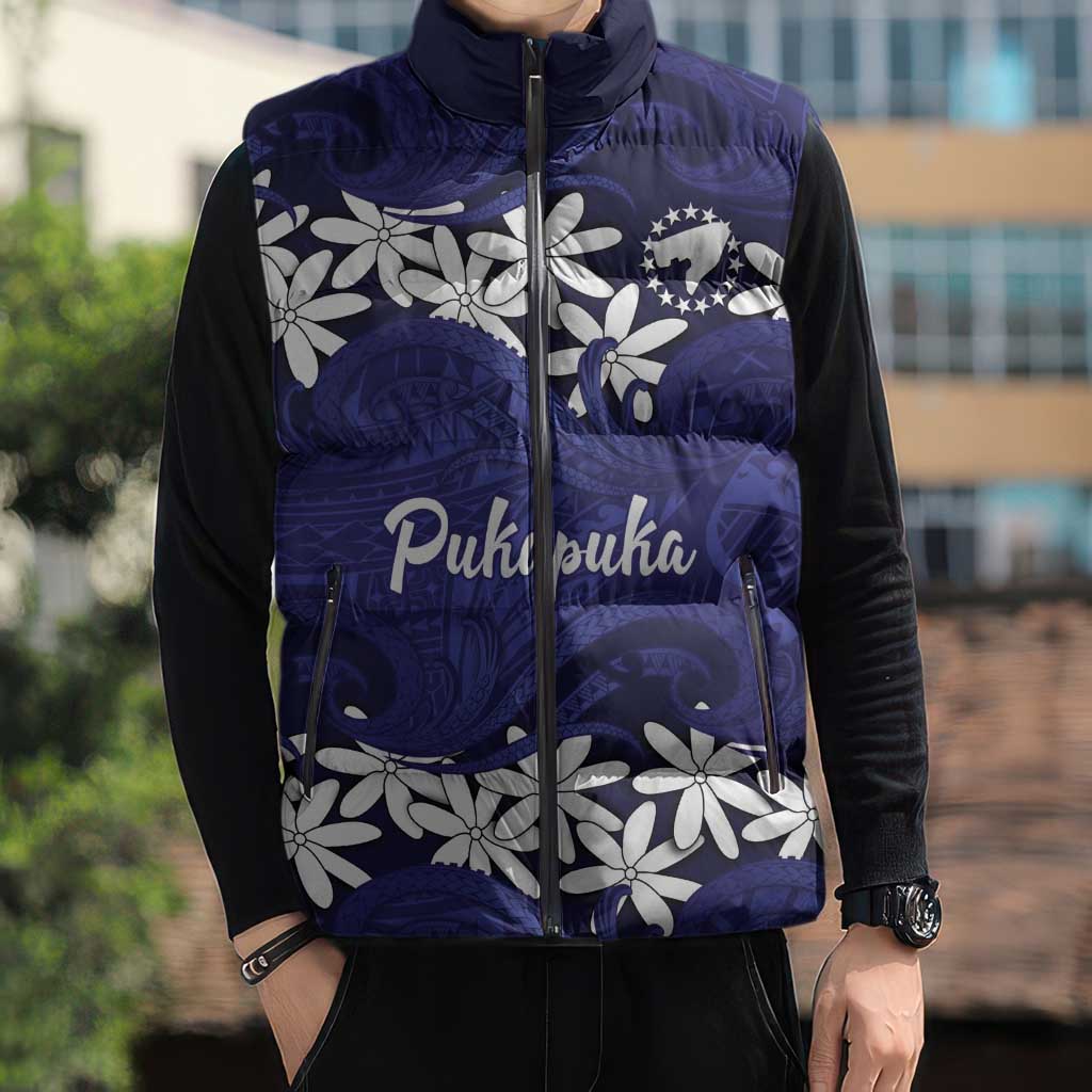 Personalised Cook Islands Pukapuka Sleeveless Puffer Jacket Tiare Maori Polynesian Waves Tattoo LT14 - Polynesian Pride