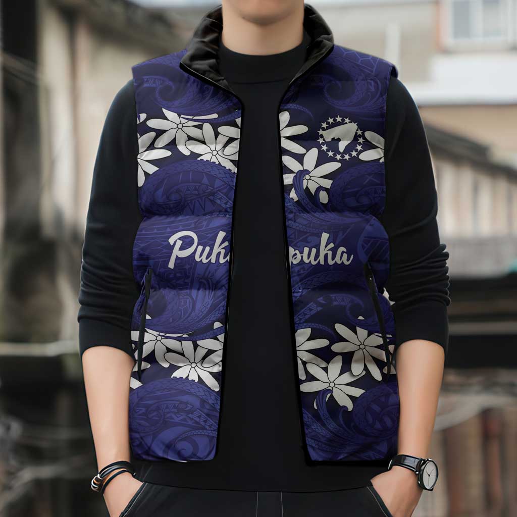 Personalised Cook Islands Pukapuka Sleeveless Puffer Jacket Tiare Maori Polynesian Waves Tattoo LT14 - Polynesian Pride