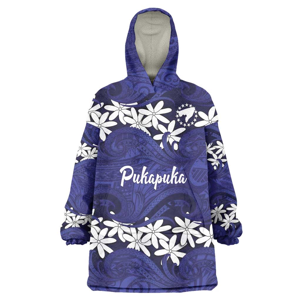 Personalised Cook Islands Pukapuka Wearable Blanket Hoodie Tiare Maori Polynesian Waves Tattoo LT14 One Size Blue - Polynesian Pride