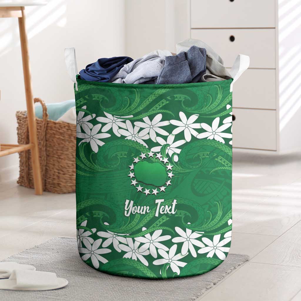 Personalised Cook Islands Rarotonga Laundry Basket Tiare Maori Polynesian Waves Tattoo LT14 Green - Polynesian Pride