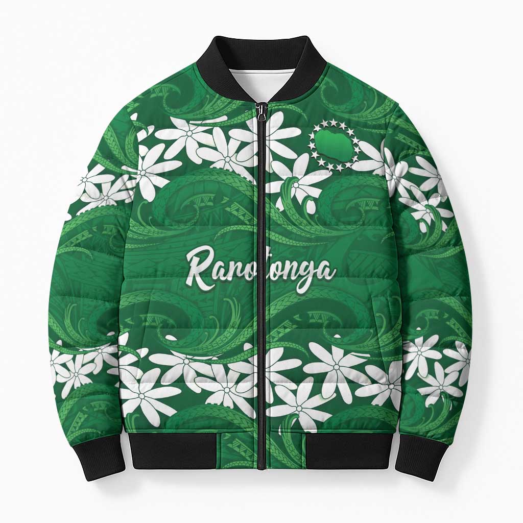 Personalised Cook Islands Rarotonga Bomber Puffer Jacket Tiare Maori Polynesian Waves Tattoo LT14 Unisex Green - Polynesian Pride