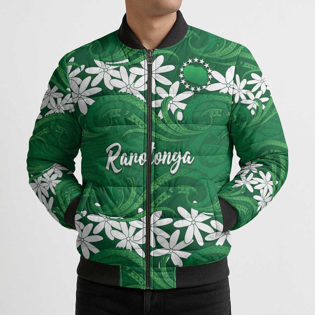 Personalised Cook Islands Rarotonga Bomber Puffer Jacket Tiare Maori Polynesian Waves Tattoo LT14 - Polynesian Pride