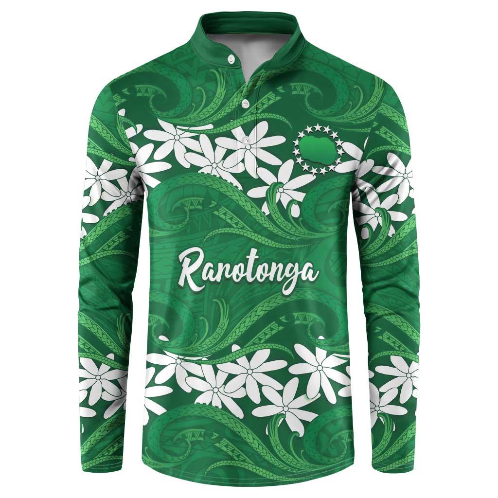 Personalised Cook Islands Rarotonga Button Sweatshirt Tiare Maori Polynesian Waves Tattoo LT14 Green - Polynesian Pride